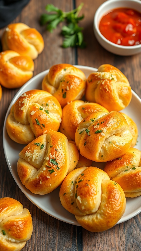 Cheesy Garlic Knots Made with Biscuit Dough A plate of cheesy garlic knots topped with melted cheese and herbs, served with marinara sauce.